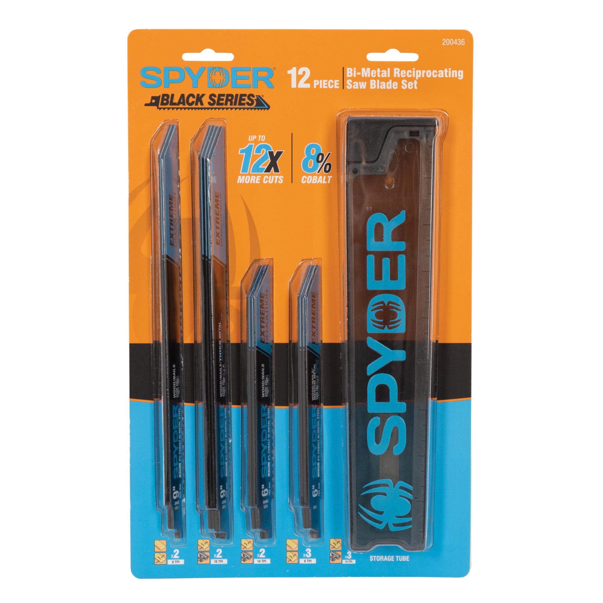 Spyder 12-Piece Bi-Metal Demolition Reciprocating Saw Blade Set — 8% Cobalt, Extra-Thick Profile, Includes Storage Case, Model# 200436